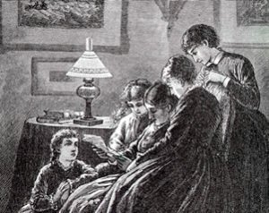 Frank Thayer Merrill's illustration of Marmee and the four sisters from Little Women, 1880 Roberts Brothers