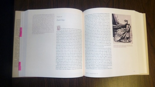 Pages 246-247 - the footnotes are in red, the book text in black. The exquisite design of this book is exemplified through the choice of type (note the lovely drop cap at the beginning of the chapter) and the quality of the paper. From Little Women: An Annotated Edition by Louisa May Alcott and edited by Daniel Shealy. Copyright © 2013 by the President and Fellows of Harvard College. Used by permission. All rights reserved.