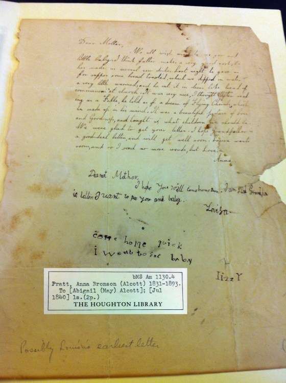 Letter from Anna, Louisa and Lizzie Alcott to their mother Abba in honor of their sister Abbie May's birth. 