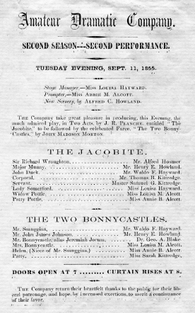 This playbill lists the Alcott sisters in their roles. From "Louisa May Alcott's Walpole" by Ray Boas, town historian; used by permission.