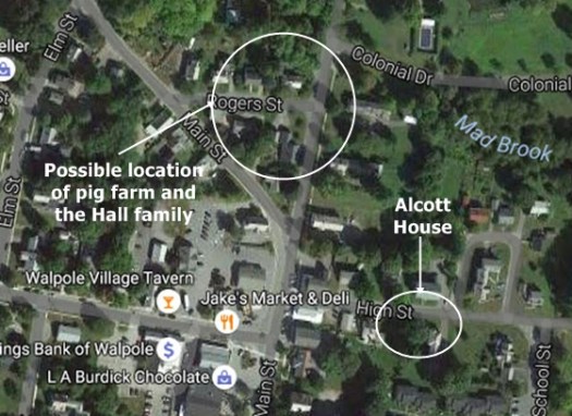 Map of High and Rodger Streets showing where the Alcotts lived and where the Halls may have lived. (Google Maps)